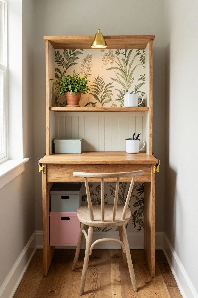 Wooden built-in desk hutch with green palm leaf wallpaper on back panels, terracotta potted plant and white mug on upper shelf, blue mug with pens on oak desk surface, storage boxes below, gold pendant light above, and wooden chair with matching wallpaper seat in narrow room corner.