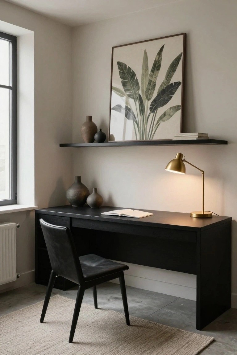 A home office corner with a black wooden desk and leather chair, open black shelves above holding assorted ceramic vases, a gold adjustable desk lamp, large framed artwork of green leaves on the wall, near a window and radiator on a tiled floor with a beige rug.