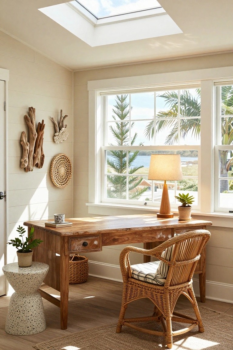 Home office interior with light shiplap walls, driftwood branches and shell art, woven basket wall hanging, wooden desk with mug and books, rattan chair with cushion, potted plants, table lamp, and large window showing palm trees ocean view under skylight.