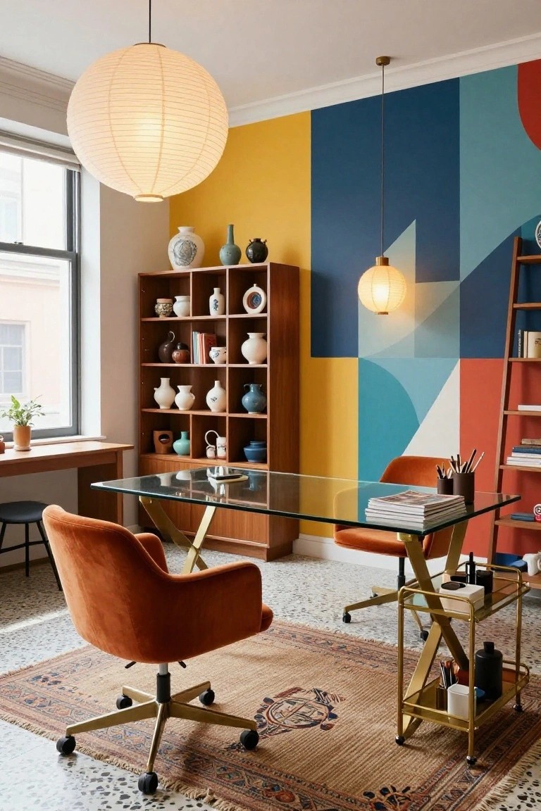 Home office with wooden open shelving filled with assorted ceramic vases and pots against a colorful geometric wall mural, glass-top desk with orange velvet chairs, hanging paper lanterns, and a patterned rug on terrazzo floor.
