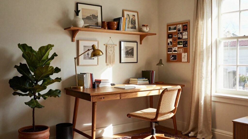 Wooden floating shelves mounted on a beige wall above a wooden desk in a cozy office corner, displaying books, framed art, pottery, and photos, with a rattan chair, potted plants, desk lamp, and arched window with sheer curtains nearby.