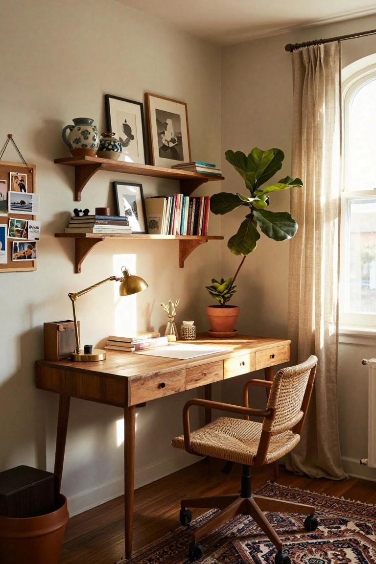Wooden floating shelves mounted on a beige wall above a wooden desk in a cozy office corner, displaying books, framed art, pottery, and photos, with a rattan chair, potted plants, desk lamp, and arched window with sheer curtains nearby.