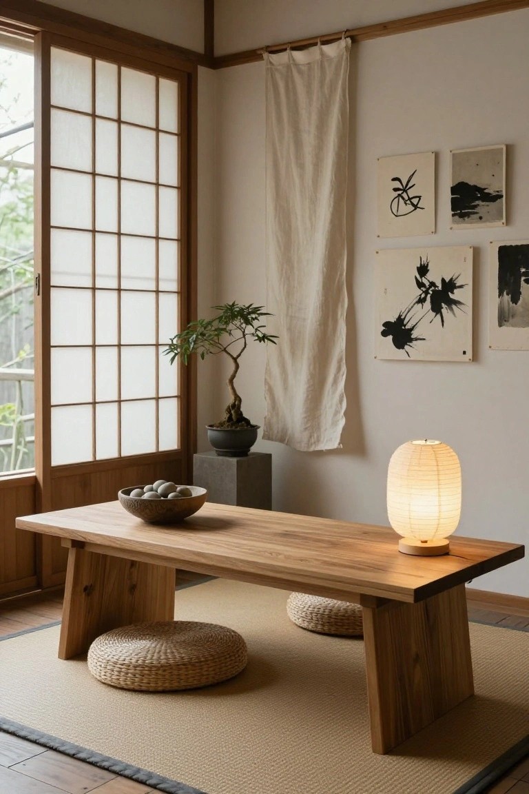 Japanese-style interior room with shoji screen windows, low wooden table on tatami mat floor, two woven floor cushions, black stone bowl on table, paper lantern lamp, bonsai tree on pedestal, and ink paintings on walls.