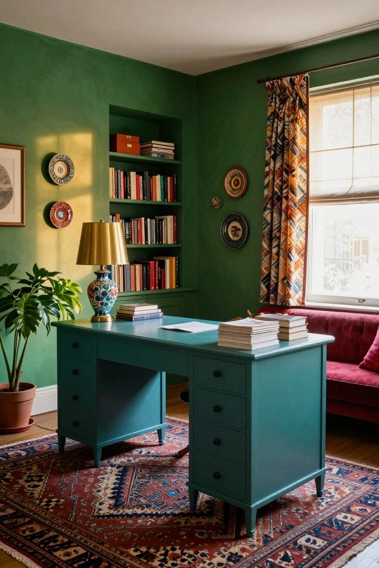 Emerald green textured walls in a corner home office with turquoise wooden desk topped by stacked papers and books, gold-shaded lamp with blue vase base, potted plant, bookshelves, red velvet sofa, colorful wall plates, patterned orange curtains on window, and red Persian-style rug on wood floor.