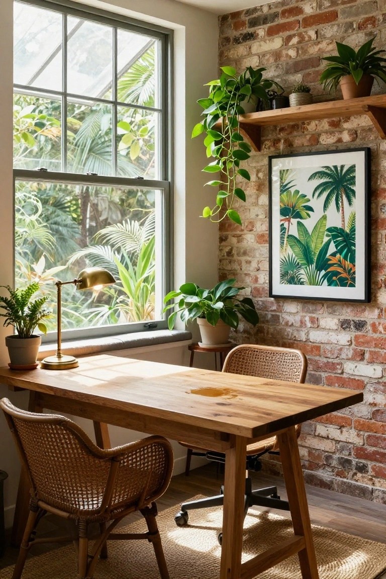 Home office featuring exposed brick walls, wooden desk with rattan chairs, multiple potted plants, hanging greenery, brass desk lamp, and large window with tropical outdoor view.