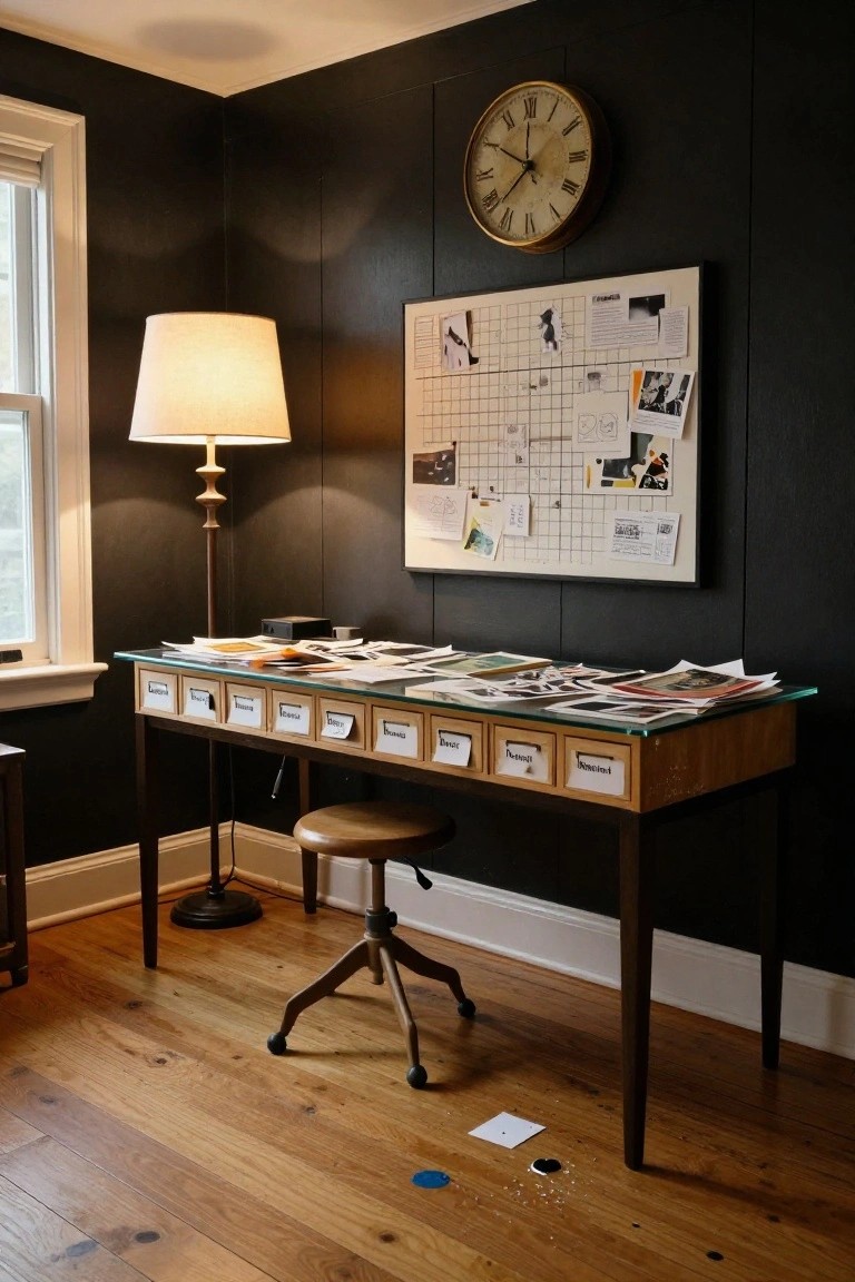 Corner of a home office with dark paneled walls, a wall-mounted analog clock, a cork bulletin board with pinned sketches and notes, a glass-shade floor lamp, a wooden desk with glass top and labeled front drawers containing papers, a swivel stool, and hardwood flooring with a few ink spots.