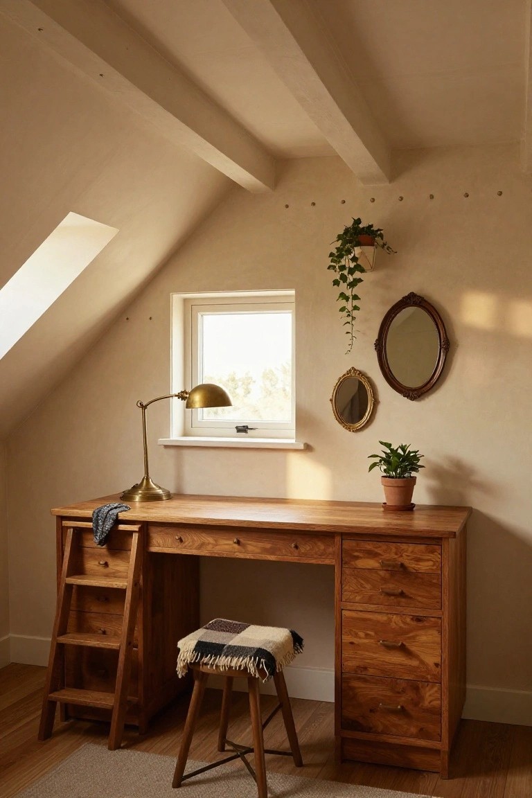 Wooden desk with drawers, stool, lamp, and mirrors under sloped ceiling.