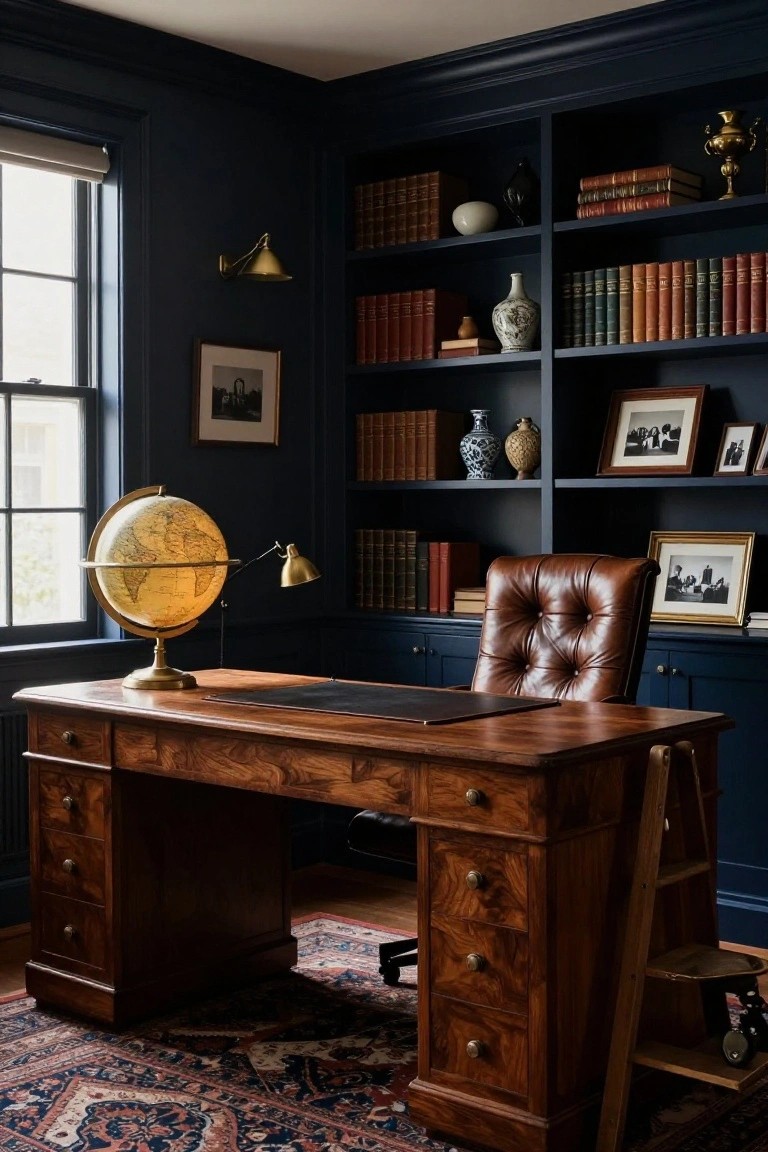 Home office with dark navy walls, corner bookshelves stocked with books, vases, and photos, large wooden desk with leather top and drawers, tufted brown leather chair, brass globe on stand, adjustable desk lamp, and patterned oriental rug on wood floor.