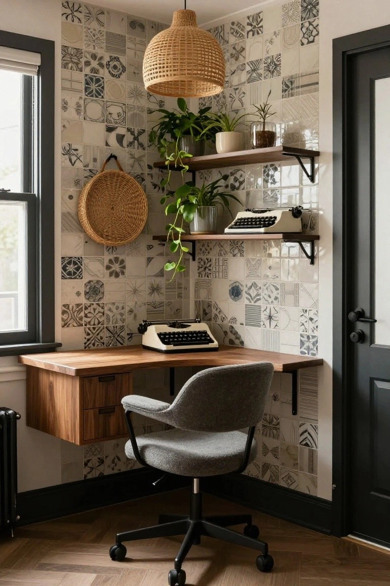 Corner home office with eclectic white patterned tiles on walls, floating wooden desk and gray chair, wooden shelves holding plants and typewriter, rattan pendant light, and black door.