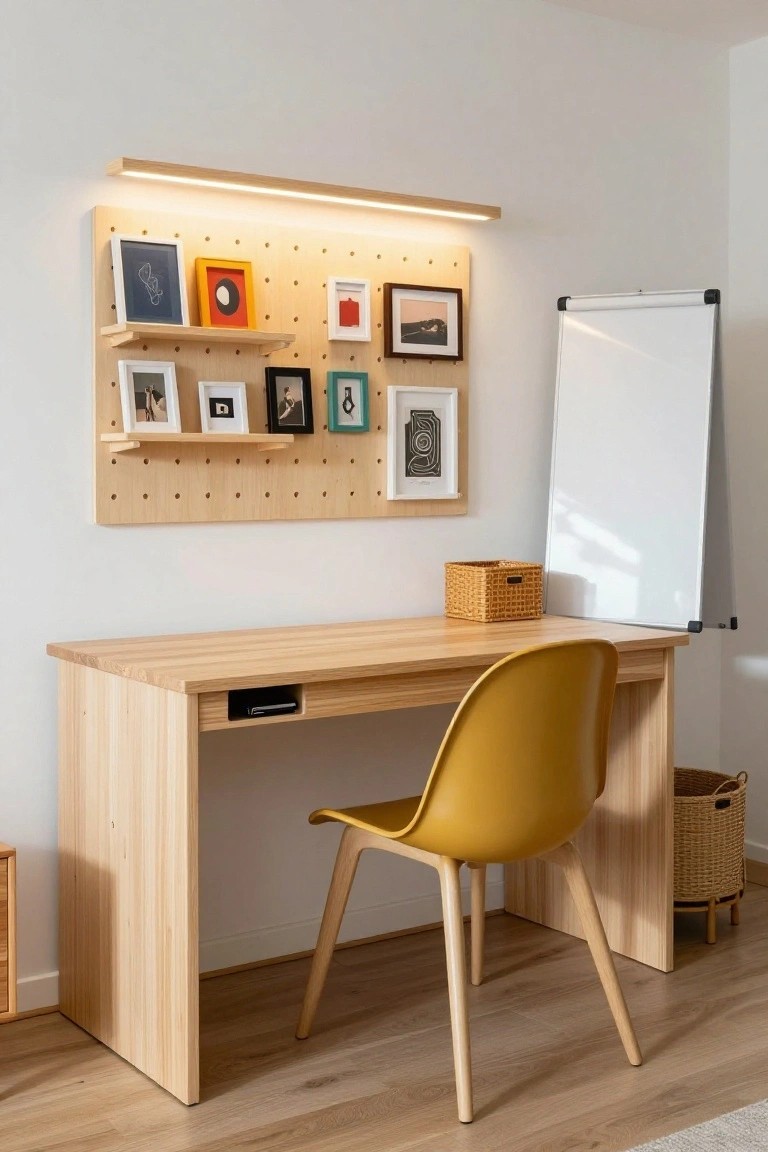 Wooden pegboard wall above a matching desk in a home office, with shelves and hooks holding various framed art pieces and photos, a yellow molded chair, whiteboard, and wicker baskets.