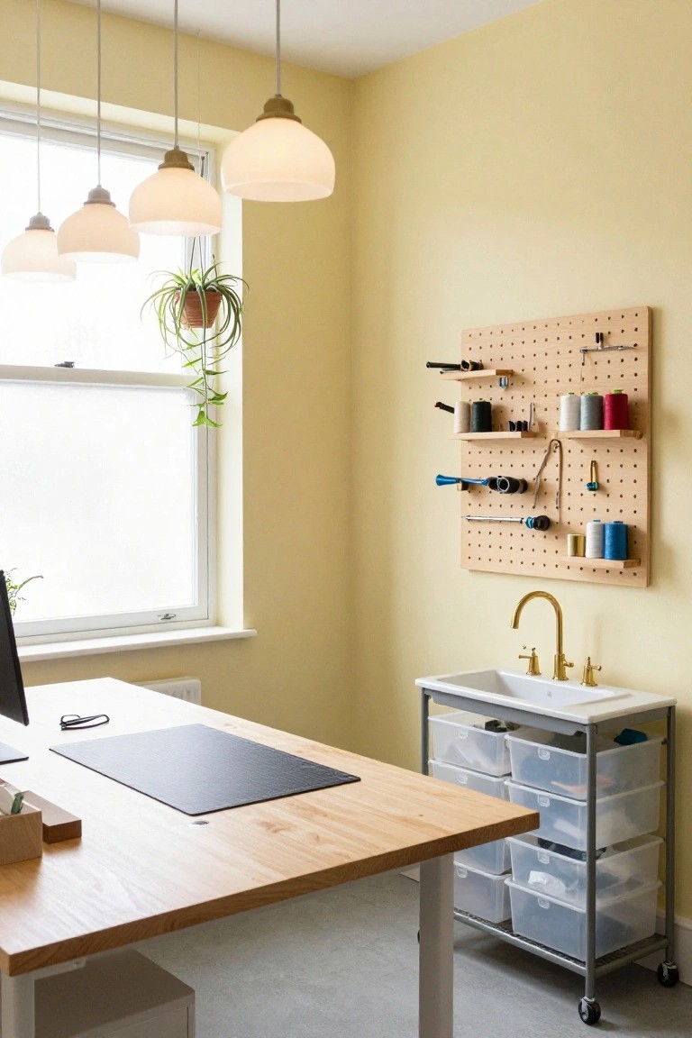 A yellow-walled home office with a wooden pegboard wall holding tools, thread spools, hooks, and shelves, a light wood desk with computer monitor and desk mat, metal cart utility sink with plastic drawers, pendant lights, and potted plant by the window.