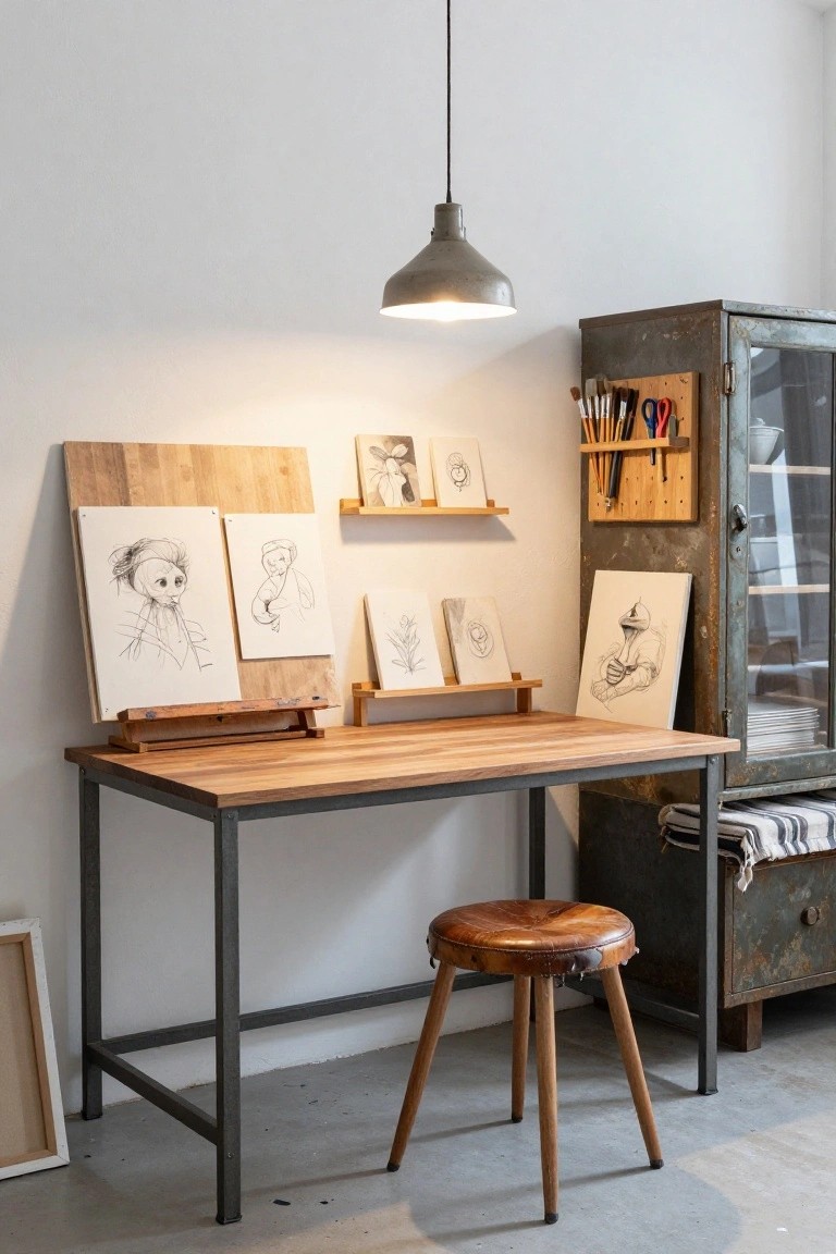 A studio workspace with a wooden-top desk on black metal legs, wooden stool, easel holding sketches, shelves with drawings, and a tall metal cabinet nearby.