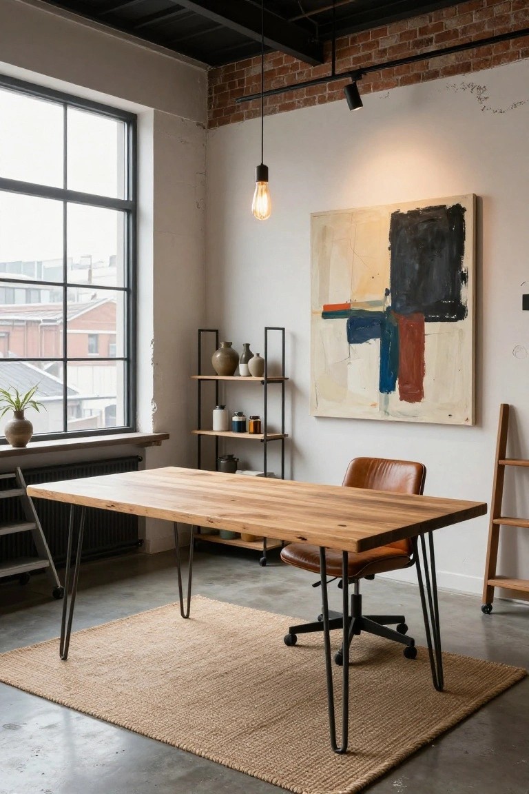 Loft-style office interior with a large rectangular wooden desk on black hairpin legs, tan leather swivel chair, black metal shelving holding pottery, abstract painting on white wall, and large window with view of brick buildings.