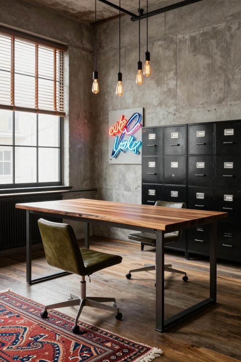 Industrial office with exposed concrete walls, black metal filing cabinets, neon "Outbox" sign on wall, large wooden desk on black metal legs, green leather armchairs, and red patterned rug on hardwood floor.