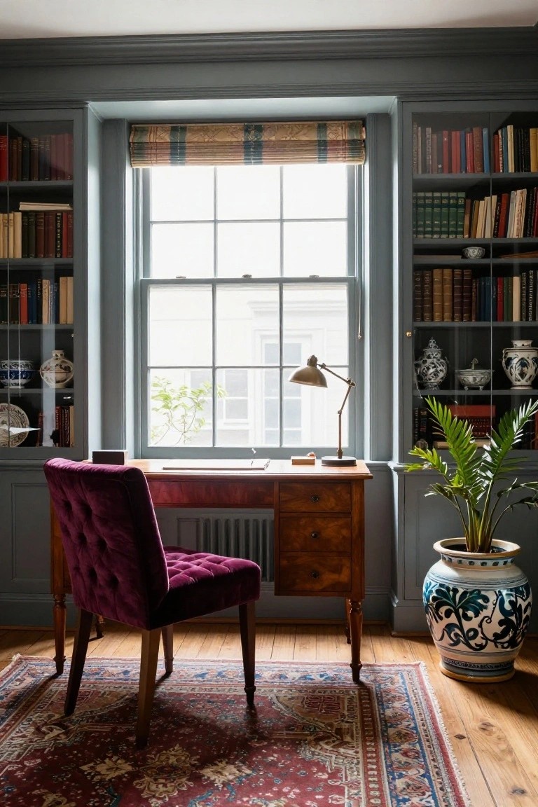 Home office interior with gray built-in bookshelves, wooden desk, purple velvet tufted chair, large window with bamboo blinds, desk lamp, potted plant, and oriental rug on hardwood floor.