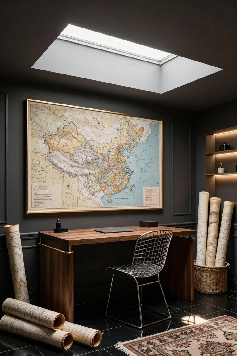 Dark interior office room featuring a large framed vintage map of China on the wall, wooden desk with laptop and Eames-style wire chair, skylight overhead, rolled paper maps on the floor and in a basket, and a Persian rug.