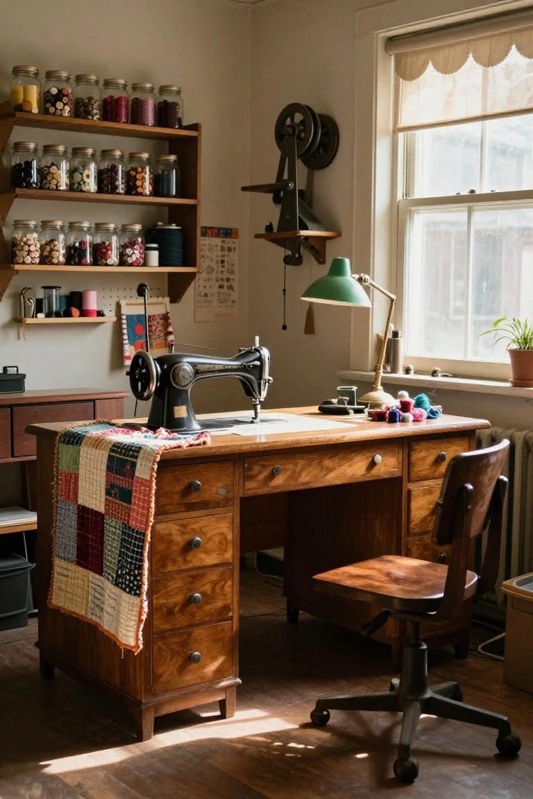 A home office with a vintage black sewing machine on a wooden desk draped in a colorful patchwork quilt, open shelves holding glass jars of buttons and threads, yarn balls on the desk, and craft supplies throughout the room.