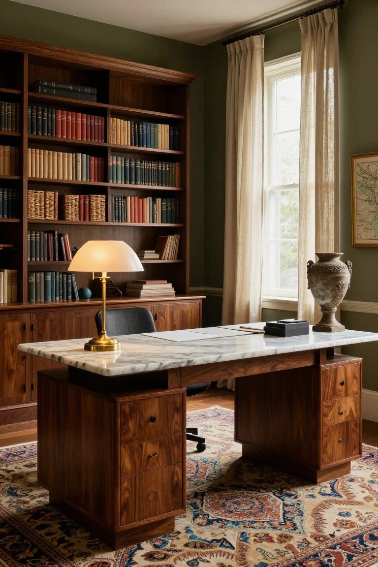 Green-walled office with floor-to-ceiling walnut bookshelves filled with books, walnut desk topped with white marble, gold desk lamp, black swivel chair, sheer curtains on window, Persian rug, and terracotta vase.