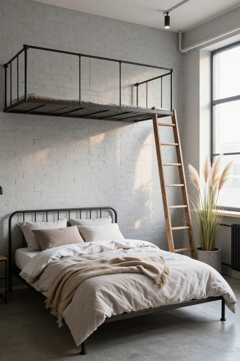 Bedroom with low black metal platform bed covered in white sheets and beige throws, wooden ladder to elevated metal loft bed, exposed brick walls, pampas grass in pot, and large window letting in sunlight.