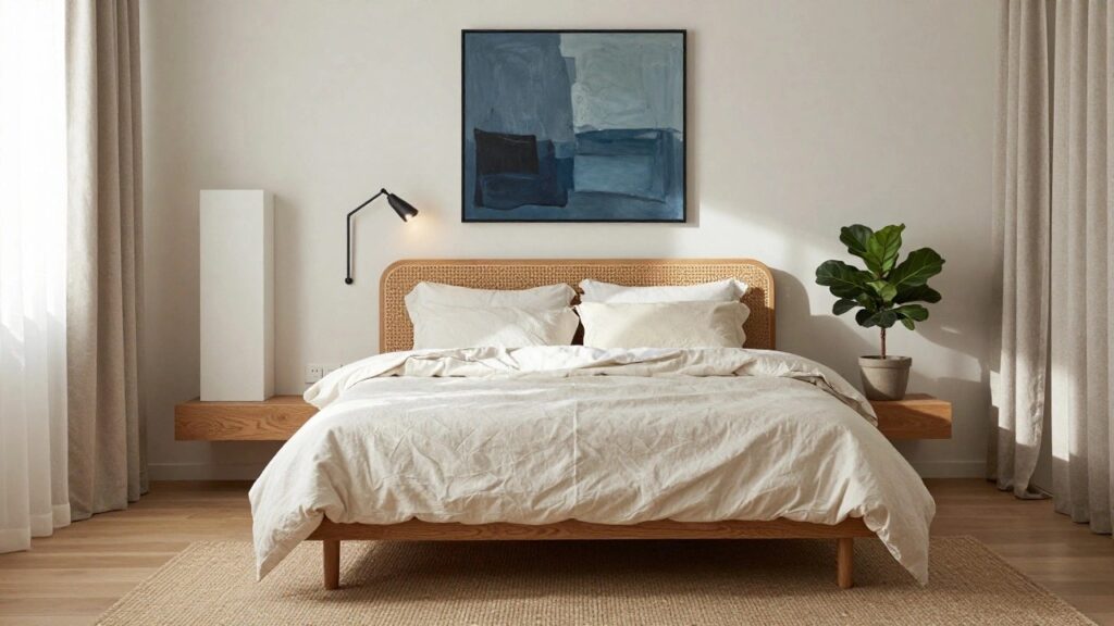 Bedroom interior with oak platform bed featuring beige rattan headboard, white linen bedding, wooden nightstand, potted fiddle leaf fig plant, abstract blue painting on wall, sheer curtains, and seagrass rug on wood floor.