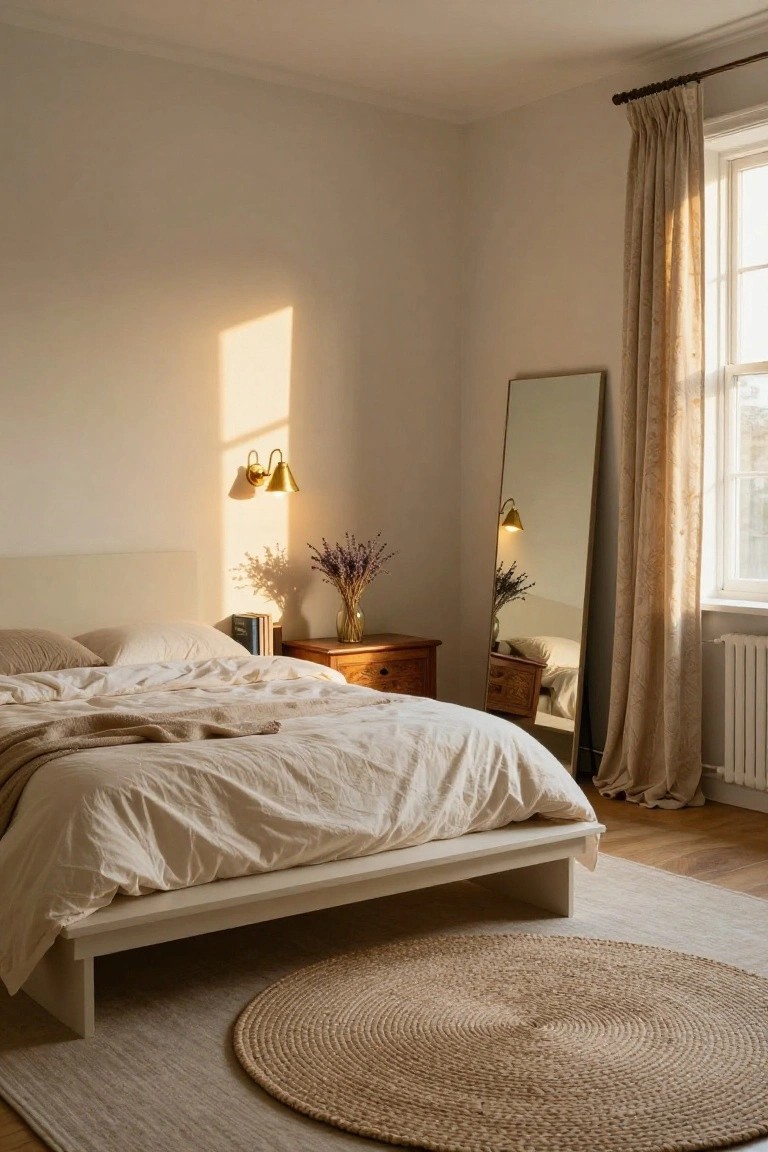 Bedroom with low white platform bed covered in rumpled beige linens and throw, wooden nightstand holding books and lavender vase, full-length mirror, gold wall sconces, tall window with beige curtains, and seagrass rug on light wood floor in morning sunlight.