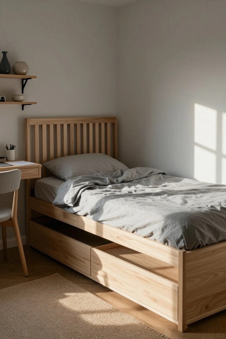 Light oak platform bed frame with underbed drawers partially open in a minimalist bedroom, gray linen bedding rumpled on top, small wooden desk with chair beside it, floating shelves with ceramics on pale walls, natural light from window.