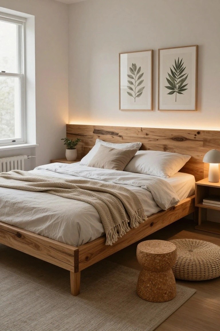 Bedroom with low wooden platform bed featuring live-edge headboard with LED strip lighting, neutral bedding, potted plant, lamp on side table, and two framed leaf prints on wall.
