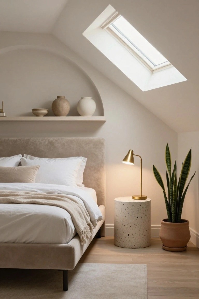 Beige upholstered platform bed with white pillows, sheets, and beige throw in a light attic bedroom, gold lamp on speckled white stool next to potted snake plant, arched wall niche with pottery above, skylight, and wood floors.