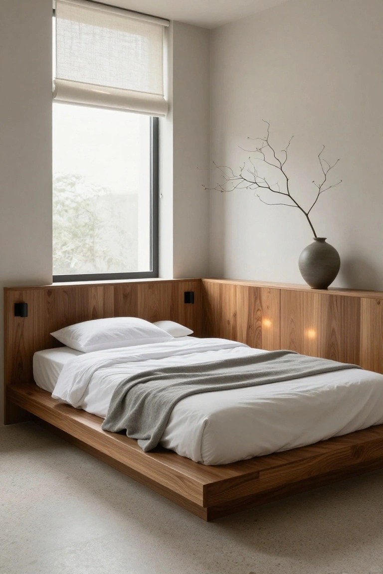 Minimalist bedroom with low wooden platform bed, white bedding, gray throw, against corner wood-paneled walls with built-in black lights, large window with sheer shade, gray vase holding branches on shelf.