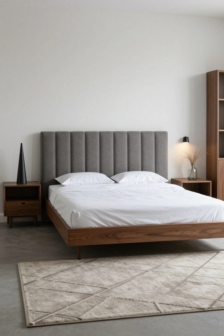 Modern bedroom with low wooden platform bed, gray tufted headboard, white bedding, wooden nightstands, black conical vase on left nightstand, glass vase with dried grass on right, light gray rug, white walls, and wood bookshelf in corner.
