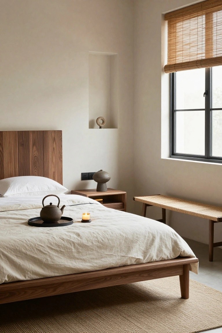 Bedroom with low wooden platform bed draped in white linens and a bedside tray holding a black teapot and lit candle, wood nightstand, rattan bench, and window covered in bamboo blinds.