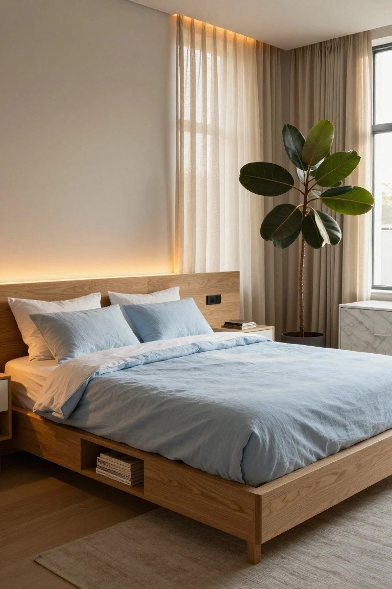 Bedroom interior with low oak platform bed, light blue and white linens, integrated headboard LED lighting, wooden nightstands, large potted plant, sheer curtains on corner windows, marble side cabinet, and light wood floors.