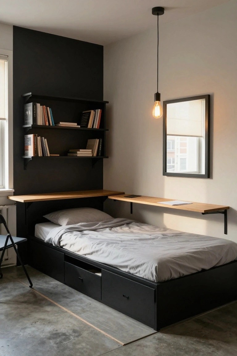 Small bedroom corner with black metal platform bed, gray bedding, integrated oak desk shelf above, black wall-mounted bookshelves, hanging bulb light, and folding chair on concrete floor.