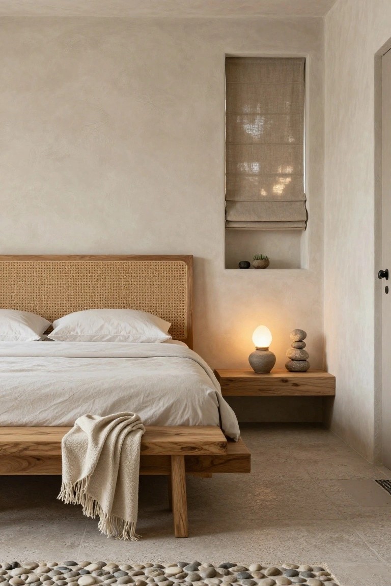Bedroom with low wooden platform bed featuring rattan headboard, white bedding, wooden nightstand with ceramic lamp and stacked stones, beige walls, linen shade in wall niche, and pebble rug on floor.