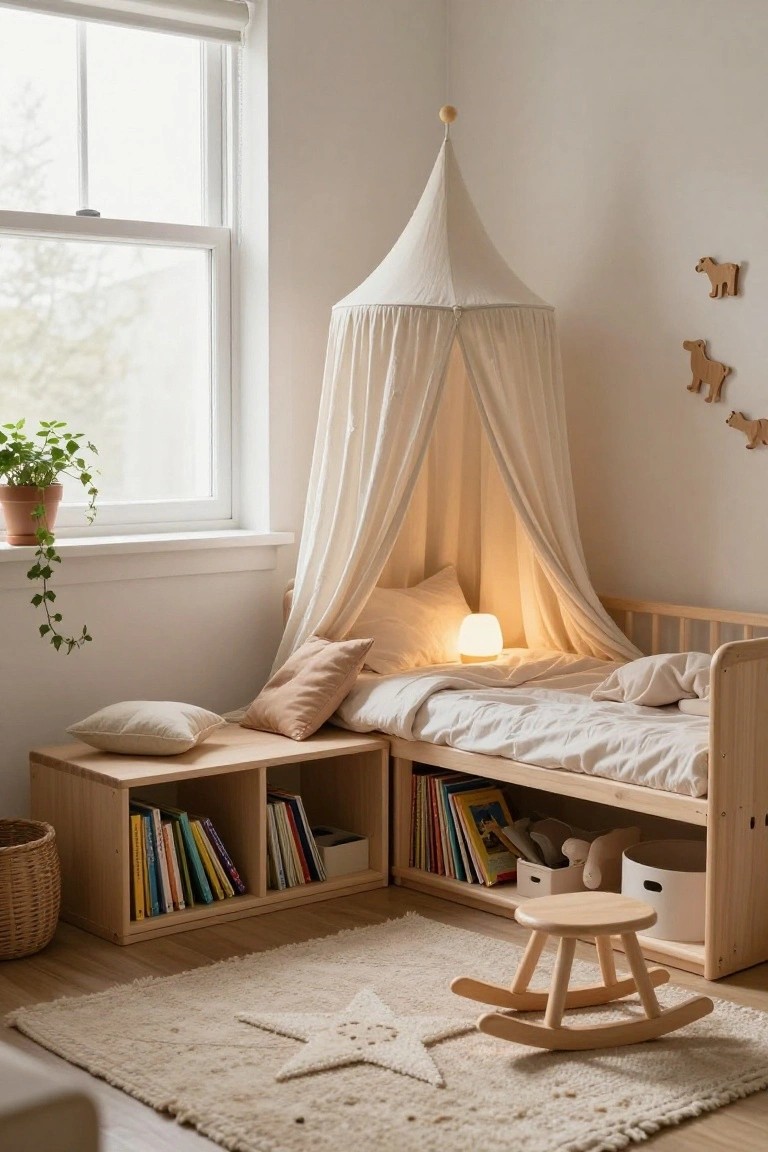 Corner of a light-colored child's bedroom with a low wooden platform bed under a peaked white sheer canopy, built-in bookshelves, potted plant by the window, and wooden horse rocker on a star-patterned rug.