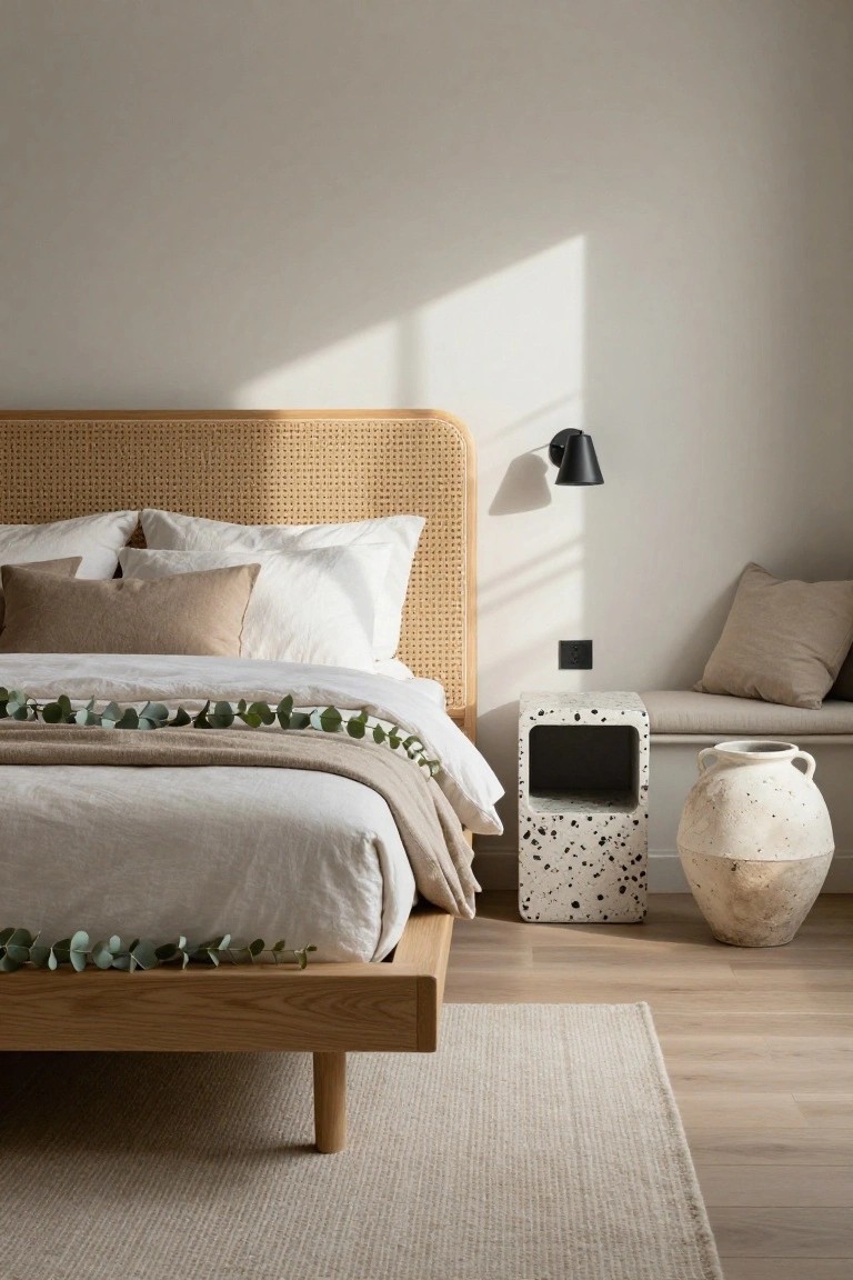 A sunlit bedroom with a low wooden platform bed, rattan headboard, white and beige pillows and linens draped with eucalyptus, speckled cube nightstand, built-in bench, and large terracotta vase.