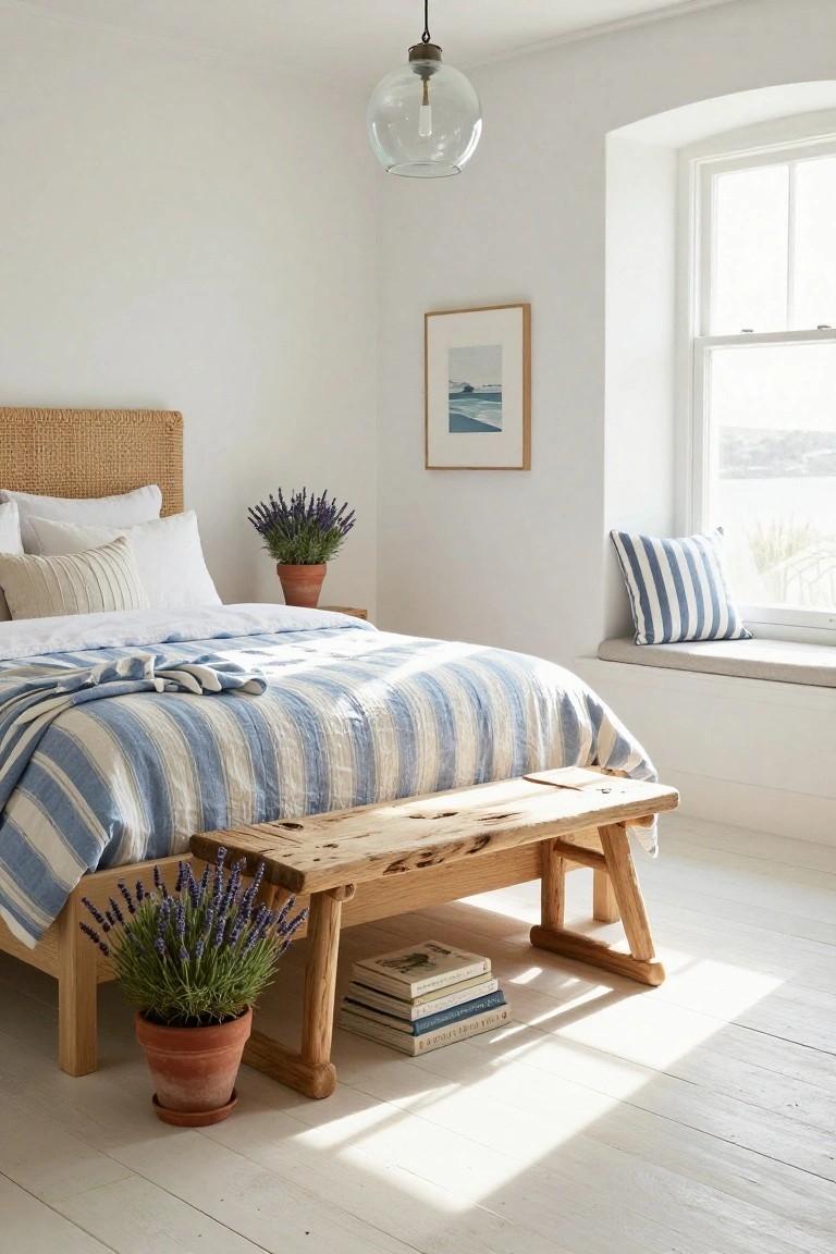 Bright bedroom with striped linens, wooden bench, lavender pots, and window seat.