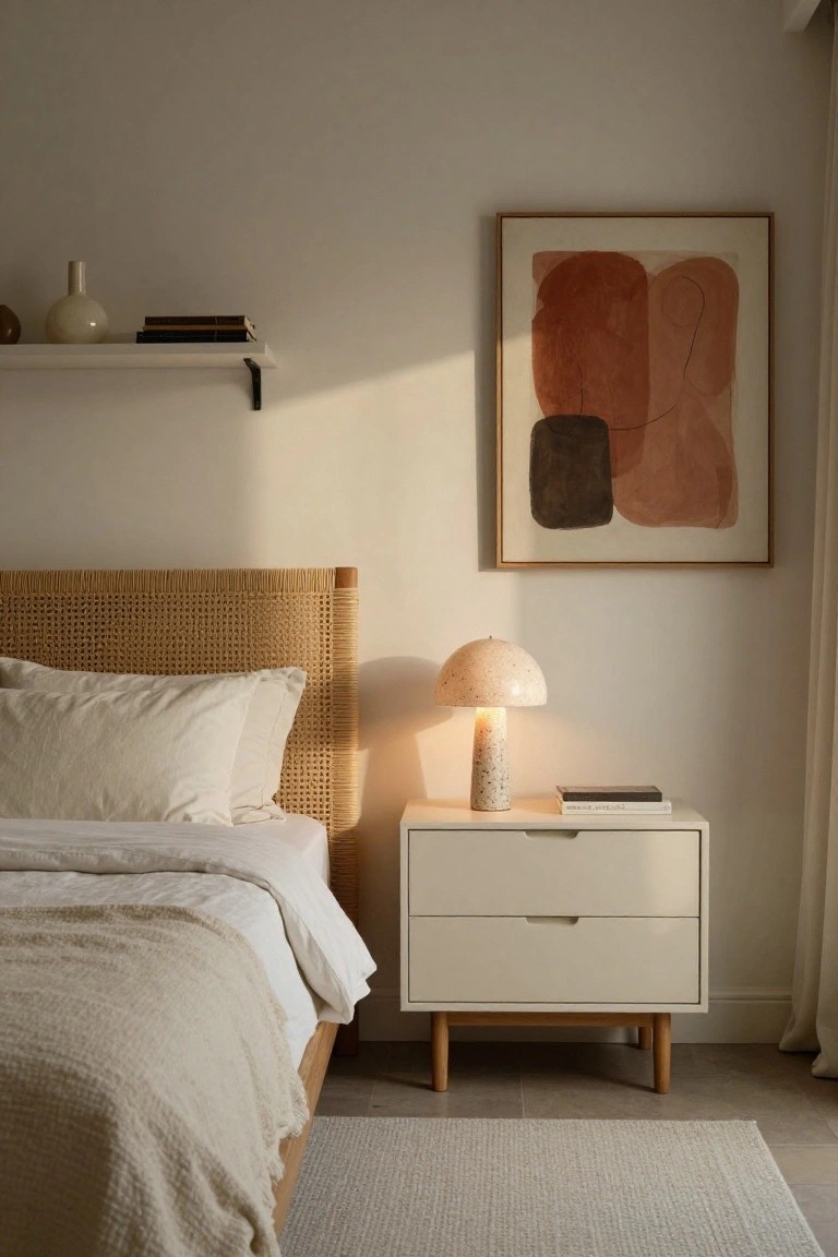 Bedroom with platform bed featuring beige rattan headboard, white pillows and sheets, white nightstand holding lit mushroom-shaped lamp and books, abstract terracotta painting on wall, floating shelf with vase, and beige rug.