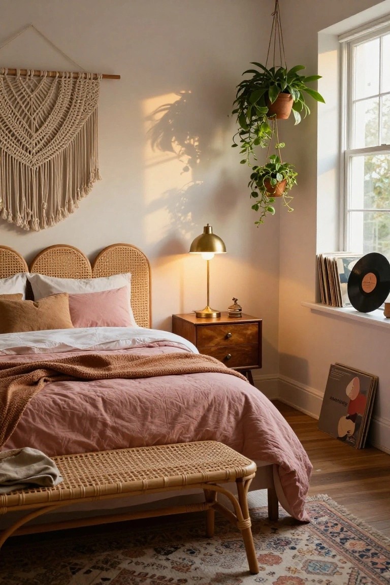 Bedroom interior with platform bed featuring curved rattan headboard, white and pink pillows and duvet, wooden nightstand with brass lamp, hanging plants from ceiling, macrame wall hanging, bench at bed foot, records on windowsill, and patterned rug on wood floor.