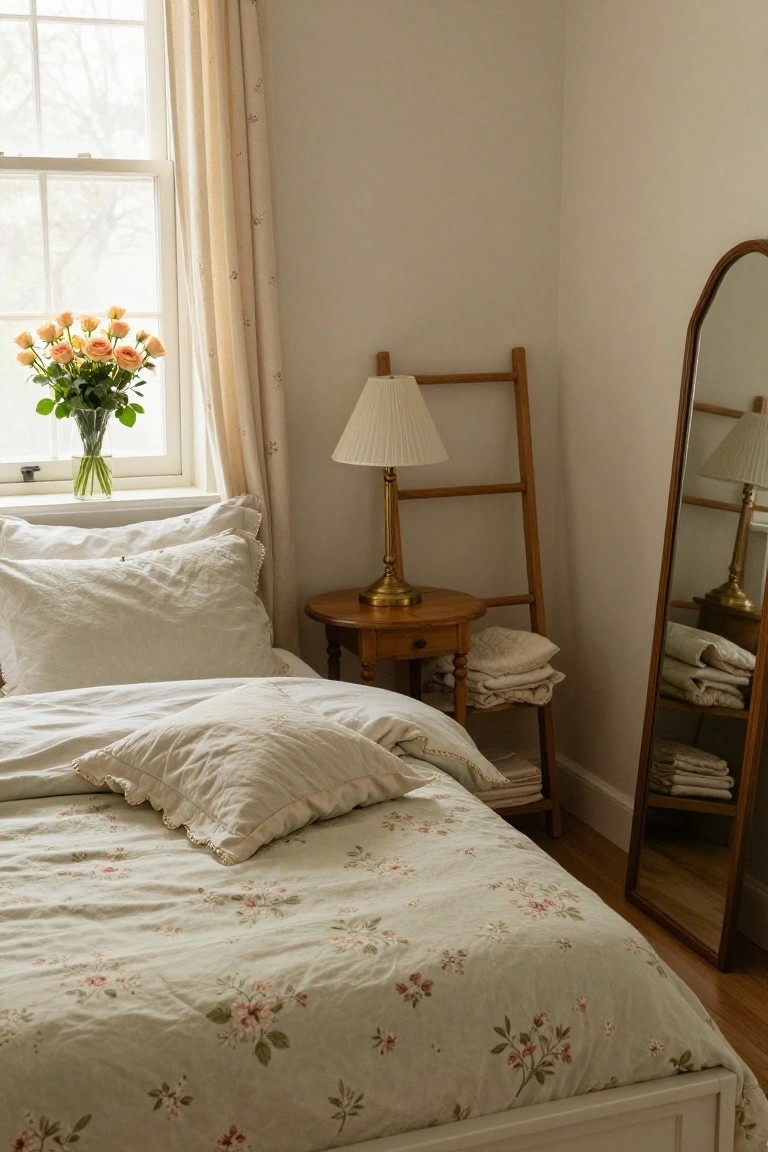 Cozy bedroom corner with a low white platform bed covered in rumpled white pillows and light green floral duvet, a wooden side table holding a brass lamp, orange roses in a vase by the window, a ladder shelf with folded linens, and a full-length mirror.
