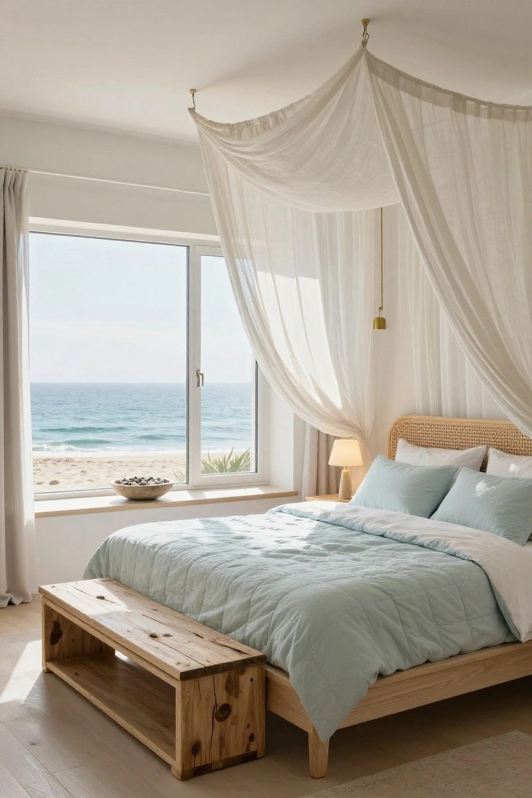 Bedroom with light wood platform bed, rattan headboard, pale blue quilt, sheer white canopy overhead, wooden bench at foot, and large window showing beach and ocean.