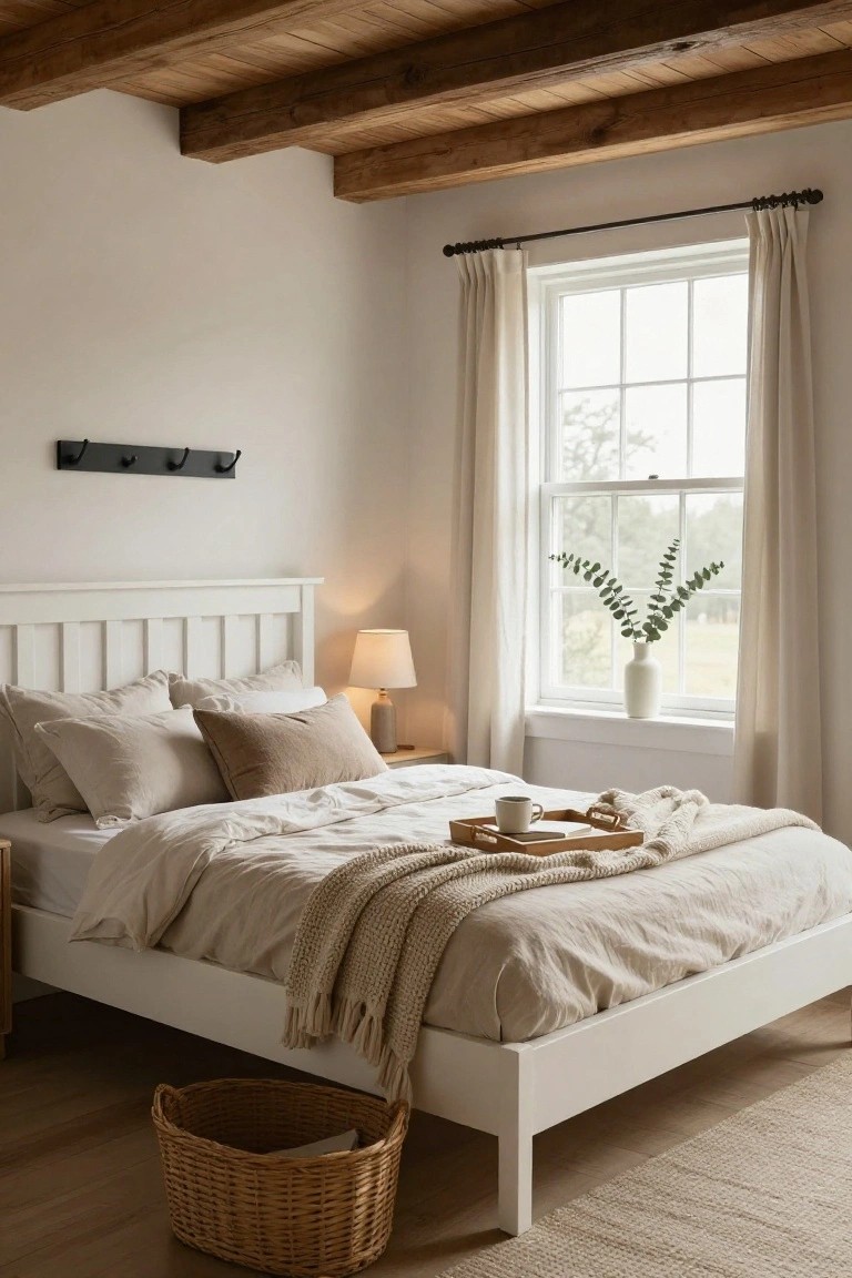 Bedroom with low white wooden platform bed covered in beige linens and knit throw holding a wooden tray with mug, exposed wooden beam ceiling, nightstand lamp, large window with sheer curtains and eucalyptus vase in white ceramic, rattan basket on floor, neutral rug.
