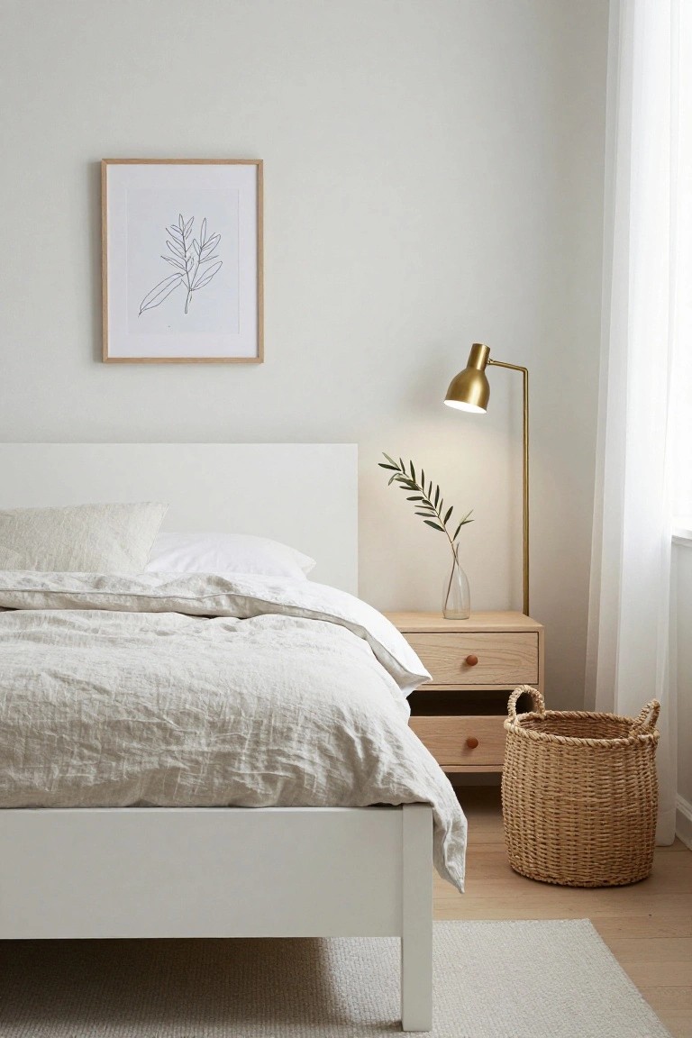 Bedroom corner with white platform bed covered in white linen duvet and pillows, light oak nightstand holding glass vase with olive branch, gold arc floor lamp, and wicker storage basket on light wood floor with gray rug.