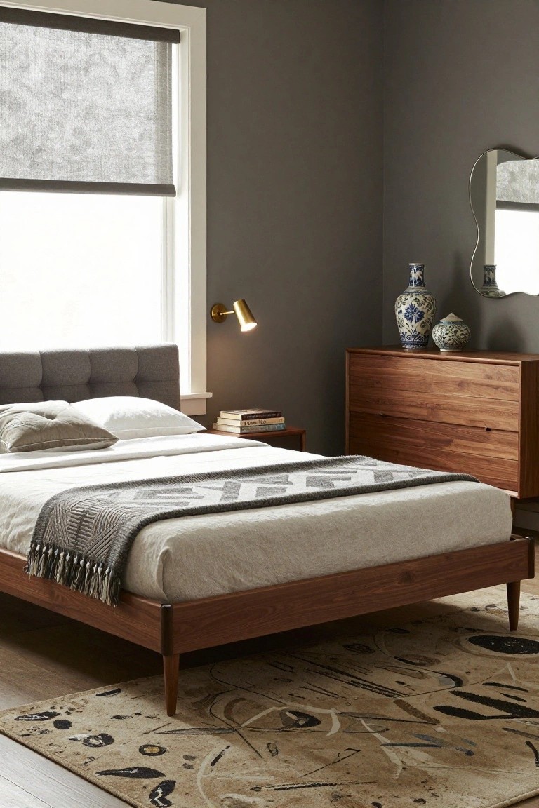 Bedroom with low wooden platform bed covered in white sheets and gray throw blanket, beside wooden low dresser with blue and white vases, gray tufted headboard, wall lamp, and window with roller shade.