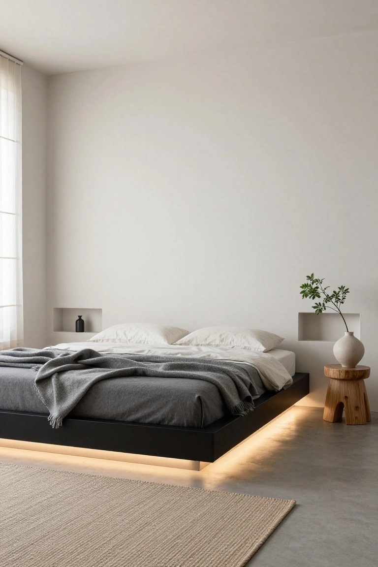 Minimalist bedroom with low black platform bed featuring warm LED underlighting, white bedding with gray throw, wood stool, beige rug on concrete floor, and wall niches holding a black vase and potted plant.