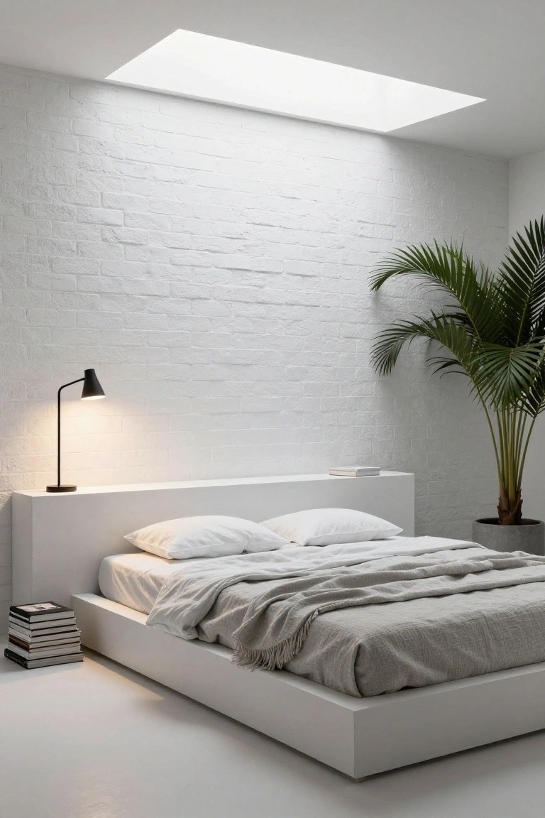 Minimalist bedroom with white platform bed, white brick wall, skylight overhead, black arc lamp on bedside shelf, stacked books, gray throw blanket, and tall potted palm plant.