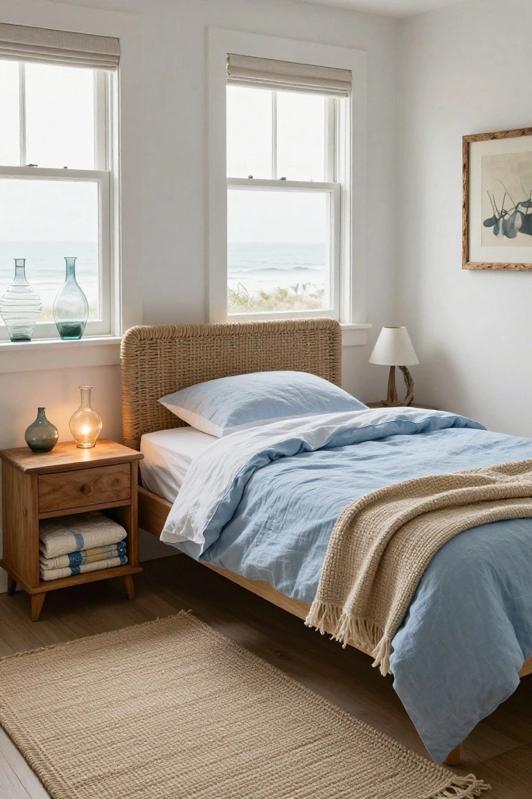 Bedroom interior featuring a low platform bed with beige rattan headboard, light blue linen bedding, wooden nightstand with lamp and vase, and large windows showing ocean view.