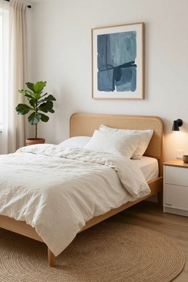 Bedroom interior with oak platform bed featuring beige rattan headboard, white linen bedding, wooden nightstand, potted fiddle leaf fig plant, abstract blue painting on wall, sheer curtains, and seagrass rug on wood floor.