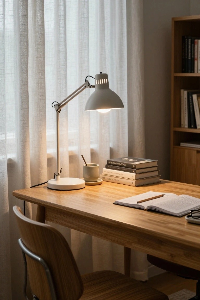 Wooden desk in a home office with an open notebook, pencil, glasses, stack of books, ceramic mug with saucer, adjustable white arm lamp lit up over the workspace, wooden chair, bookshelf, and sheer curtains by the window.