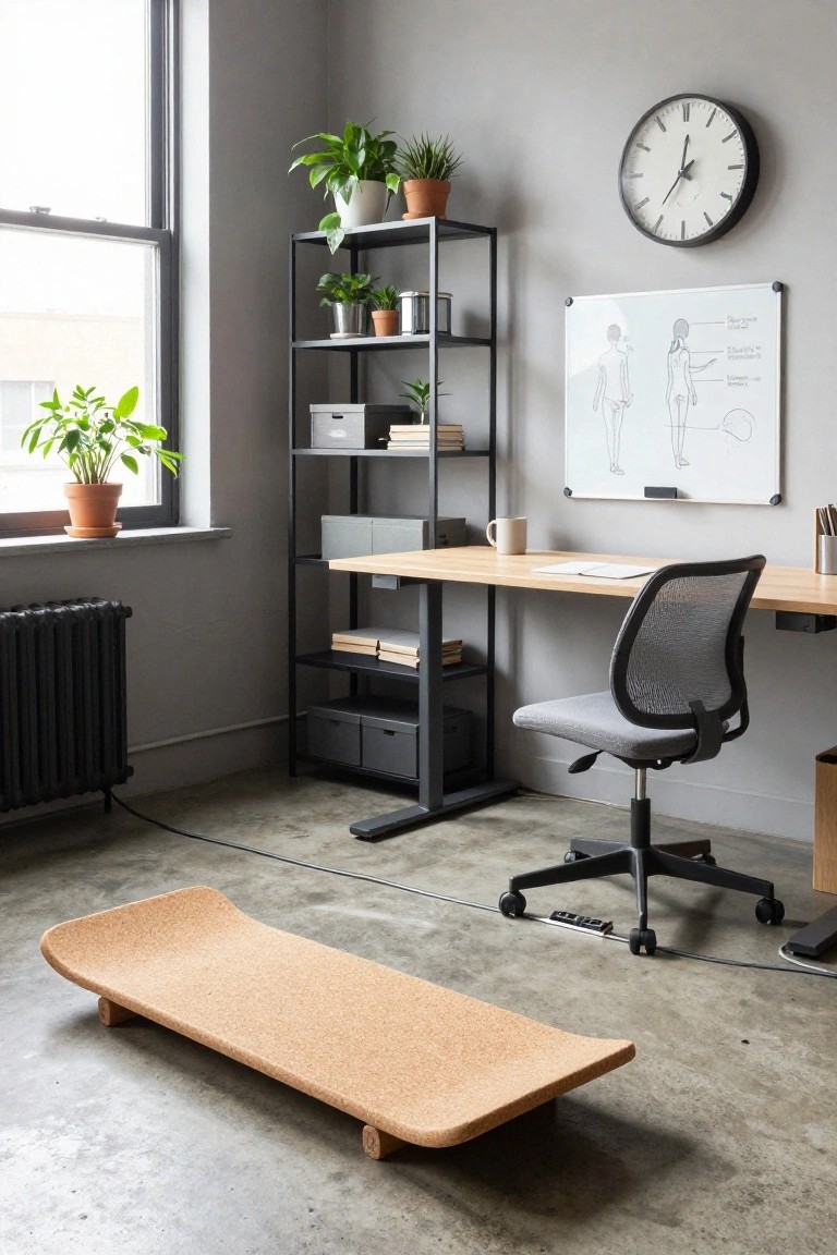 Gray home office with wooden standing desk, mesh ergonomic chair, metal shelves holding plants and books, whiteboard with human figure drawings, and curved cork balance board on concrete floor.